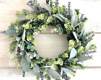 Spring Wreath, Frosted Eucalyptus, Lambs Ear, Lavender, Farmhouse Decor