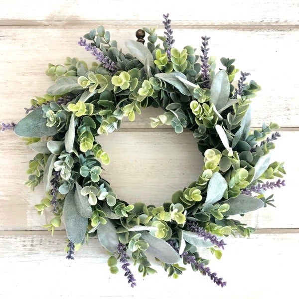 Spring Wreath, Frosted Eucalyptus and Lambs Ear Wreath, Lavender Wreath, Faux Greenery Wreath, Farmhouse Wreath, Mini Wreath, Small Wreath