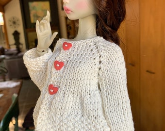 Hand Knit Doll Cardigan Sweater Amanita Style for 1/4 Msd Bjd White