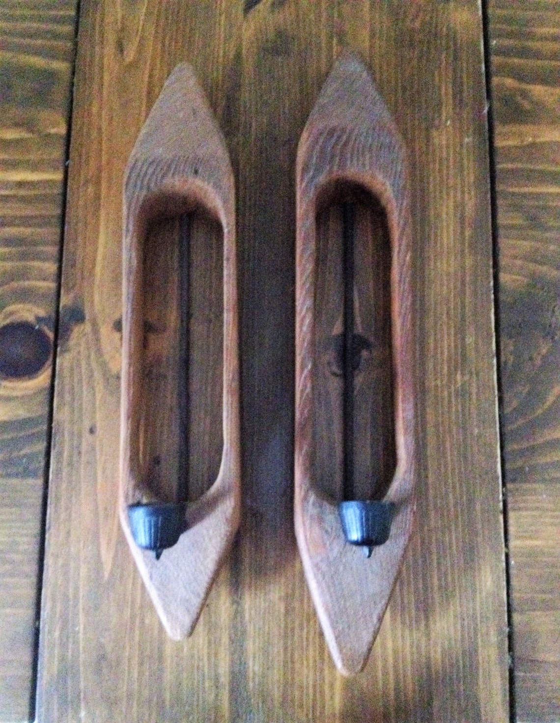 Antique Wood Weaving Loom Shuttle CANDLE HOLDERS Rustic Iron Etsy