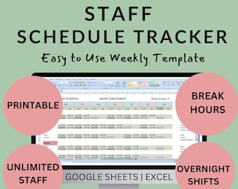 Staff Shift Schedule Weekly Template | Printable Employee Work Staffing planner, Hours Worked, Breaks, Overnight Shift | Google Sheets Excel