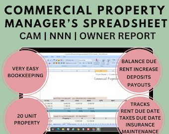 Commercial Property Manager Spreadsheet Income Expenses CAM NNN Rent Due Taxes Insurance Maintenance Multiple Offices Google Sheets Excel