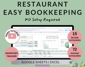 Easy Bookkeeping for Restaurant Bistro Bar Cafe | Income Expenses and Inventory Tracker | Profit & Loss Balance Sheet Excel Google Sheets