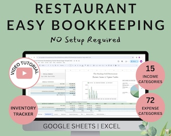 Easy Bookkeeping for Restaurant Bistro Bar Cafe | Income Expenses and Inventory Tracker | Profit & Loss Balance Sheet Excel Google Sheets