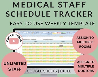 Medical Office Weekly Staff Schedule Template | Printable Planner Shifts, Locations, Doctors | Hours Worked Wages | Google Sheets Excel