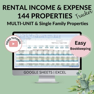 Può includere: Uno schermo di computer che mostra un foglio di calcolo con il titolo "Rental Income & Expense Tracker" per 144 proprietà. Il foglio di calcolo è organizzato in colonne per l'affitto mensile, il reddito totale, le spese totali e il margine di profitto. Il foglio di calcolo è etichettato "Google Sheets | Excel".