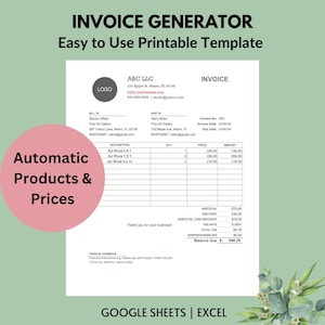 May include: A printable invoice template with a logo, company information, and a table for listing items, quantities, prices, and amounts. The invoice is titled "Invoice Generator" and includes the text "Easy to Use Printable Template".