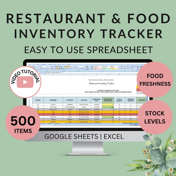 Suivi des stocks pour la restauration et l'alimentation | Suivre le niveau de réapprovisionnement des stocks de produits alimentaires périmés | Modèle de feuille de calcul facile Excel Google Sheets