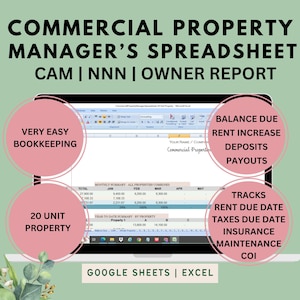 May include: A laptop screen displays a spreadsheet titled "Commercial Property Manager's Spreadsheet." The spreadsheet includes sections for bookkeeping, rent tracking, and owner reports. Text on the screen includes "Balance Due," "Rent Increase," and "Google Sheets | Excel."