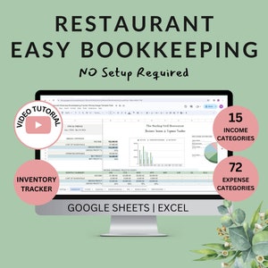 Easy Bookkeeping for Restaurant Bistro Bar Cafe Income Expenses and Inventory Tracker Profit & Loss Balance Sheet Excel Google Sheets image 1