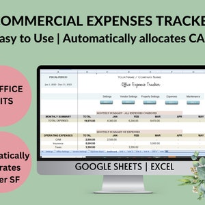 May include: A computer screen displaying a spreadsheet with the title "Office Expense Tracker". The spreadsheet is divided into sections for settings, vendor settings, property settings, expenses, and maintenance. The spreadsheet also includes a monthly summary of all expenses combined and a monthly summary of expenses. The spreadsheet is designed to help businesses track their expenses and allocate common area maintenance (CAM) costs.
