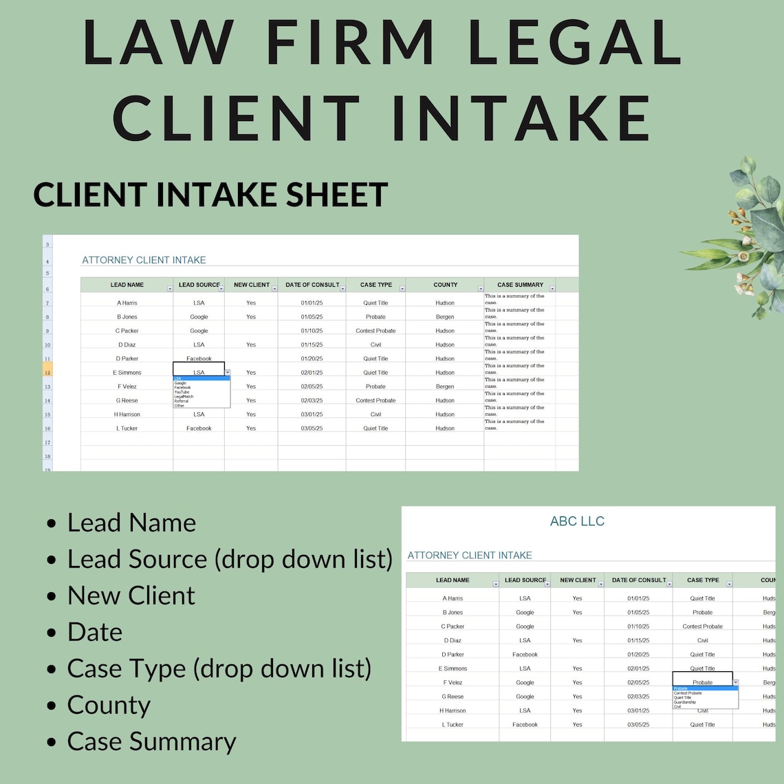 Law Firm Client Intake Spreadsheet: Attorney Lead Tracker (excel ...
