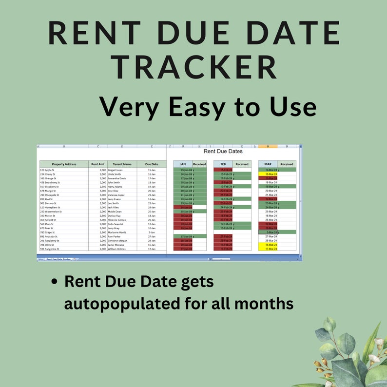 Rent Due Date Tracker: Landlord Tenant Payment Spreadsheet (google ...