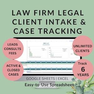 Könnte beinhalten: Ein Computermonitor, der eine Tabelle mit dem Text "LAW FIRM LEGAL CLIENT INTAKE & CASE TRACKING" anzeigt. Pinke Kreise heben Funktionen hervor: Leads, Consults, Fees, Unlimited Clients, Active & Closed Cases und Track 6 Years. Die Tabelle ist mit "ABC LLC DASHBOARD" beschriftet.