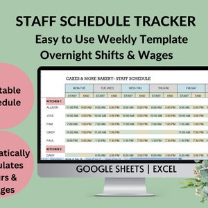 Weekly Employee Schedule Tracker with Overnight Shifts: Printable Staff Planner (Google Sheets Excel)