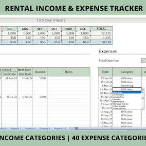 Op de afbeelding: Een spreadsheet met een groene kop die "Rental Income & Expense Tracker" luidt. De spreadsheet is verdeeld in twee secties: Inkomsten en Uitgaven. De Inkomsten sectie geeft de maandelijkse inkomsten voor een eigendom op 123 Oak Street weer. De Uitgaven sectie geeft verschillende uitgaven voor het eigendom weer, waaronder HOA-kosten, landscaping, leasekosten, licenties, onderhoud, hypotheekrente, kantoorbenodigdheden en andere rente. De spreadsheet bevat een totale inkomsten en totale uitgaven voor het eigendom.