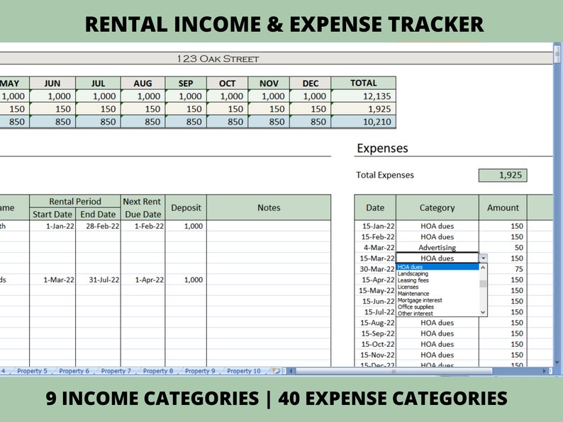 Rental Income & Expense Tracker | Landlords Rental Property Spreadsheet ...
