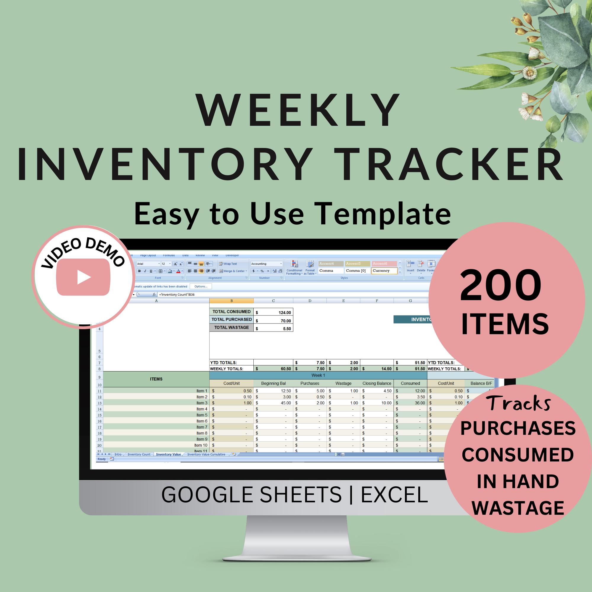Week Inventory Monitoring Weekly Inventory Tracker: Purchased Consumed Wastage Stock in Hand ...