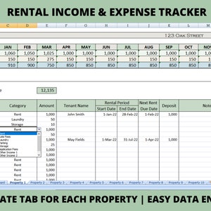 Op de afbeelding: Een spreadsheet voor het bijhouden van huurinkomsten en -uitgaven. De spreadsheet bevat kolommen voor datum, categorie, bedrag, huurdernaam, huurperiode, vervaldatum van de volgende huur, aanbetaling en notities. De spreadsheet bevat ook een sectie voor het totale inkomen en een sectie voor inkomsten en uitgaven per maand.