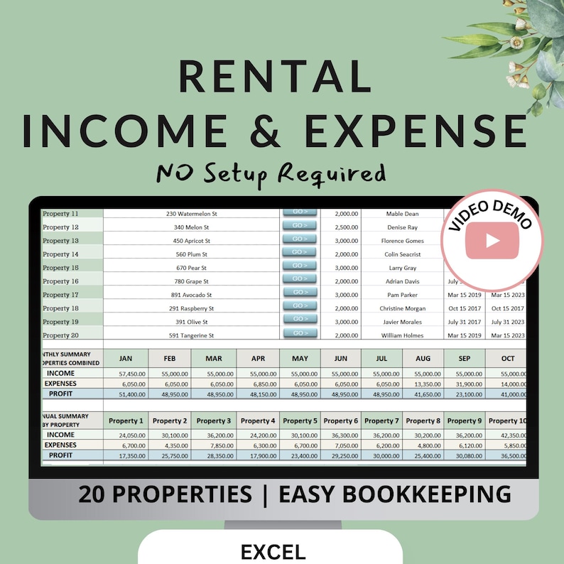 20 Properties Easy Bookkeeping for Rental properties. Ideal for landlords and property managers. No set up required. Prefilled Income and Expense categories that can be customized. Available in both Excel and Google Sheets