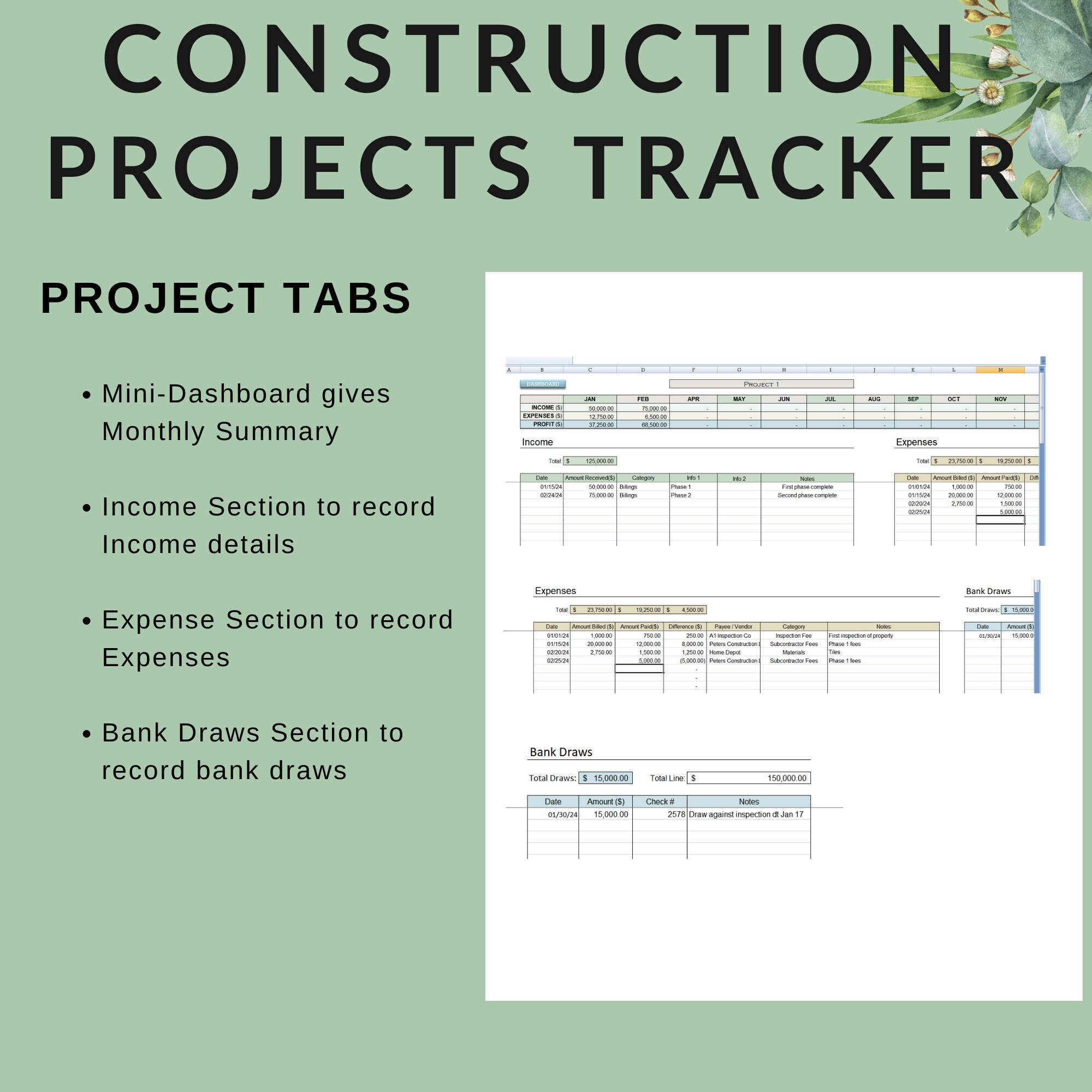 Construction Project Tracker: Income, Expense, Vendor Balance (excel ...