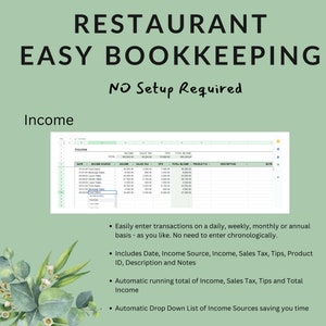 Easy Bookkeeping for Restaurant Bistro Bar Cafe Income Expenses and Inventory Tracker Profit & Loss Balance Sheet Excel Google Sheets image 3