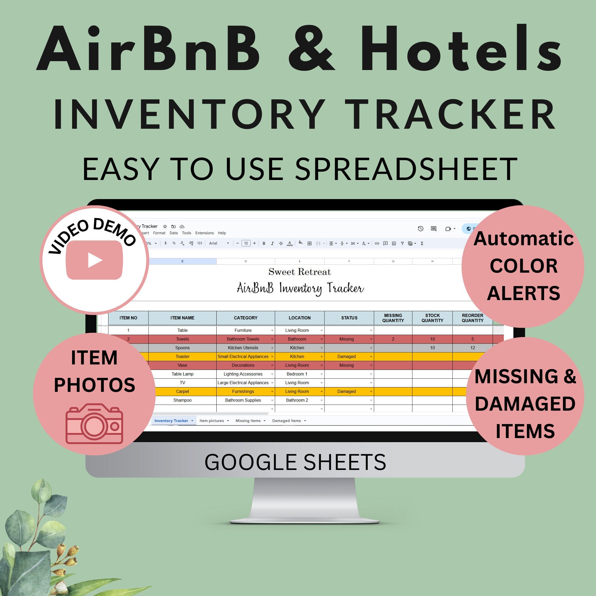 AirBnB Hotels Inventory Tracker, Automatic Missing Damaged Items List, Reorder Alerts, Rental Property Furniture Checklist Google Sheets
