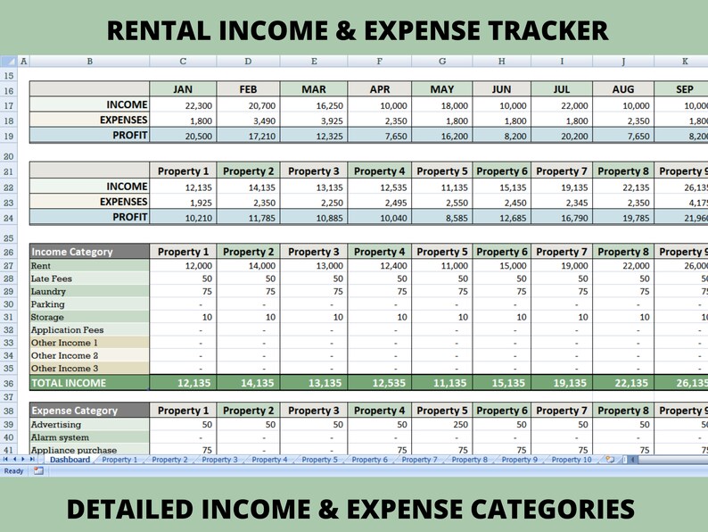 Op de afbeelding: Een spreadsheet met een groen-wit kleurenschema, met de titel "Rental Income & Expense Tracker". De spreadsheet is verdeeld in kolommen voor elke maand van het jaar en in rijen voor inkomsten en uitgaven. De spreadsheet bevat ook een sectie voor gedetailleerde inkomsten- en uitgavencategorie&euml;n.