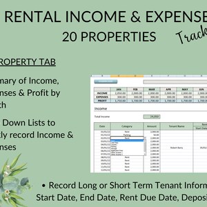 Pode incluir: Uma folha de c&aacute;lculo verde e branca com o t&iacute;tulo "Rental Income & Expense Tracker" e o texto "20 Properties". A folha de c&aacute;lculo tem colunas para rendimentos, despesas, lucros e totais mensais. Tamb&eacute;m h&aacute; uma se&ccedil;&atilde;o para registrar informa&ccedil;&otilde;es sobre os inquilinos, incluindo a data de in&iacute;cio, a data de t&eacute;rmino, a data de vencimento do aluguel, o dep&oacute;sito e as notas.