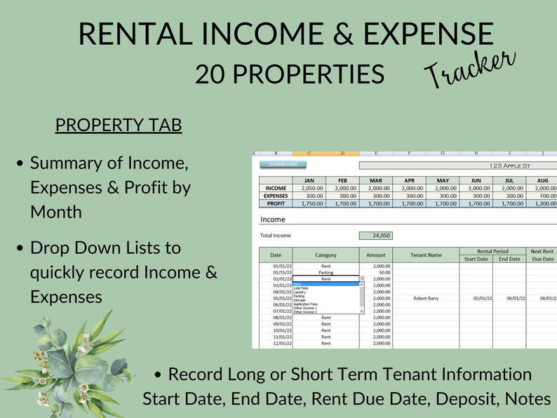 Pode incluir: Uma folha de c&aacute;lculo verde e branca com o t&iacute;tulo "Rental Income & Expense Tracker" e o texto "20 Properties". A folha de c&aacute;lculo tem colunas para rendimentos, despesas, lucros e totais mensais. Tamb&eacute;m h&aacute; uma se&ccedil;&atilde;o para registrar informa&ccedil;&otilde;es sobre os inquilinos, incluindo a data de in&iacute;cio, a data de t&eacute;rmino, a data de vencimento do aluguel, o dep&oacute;sito e as notas.