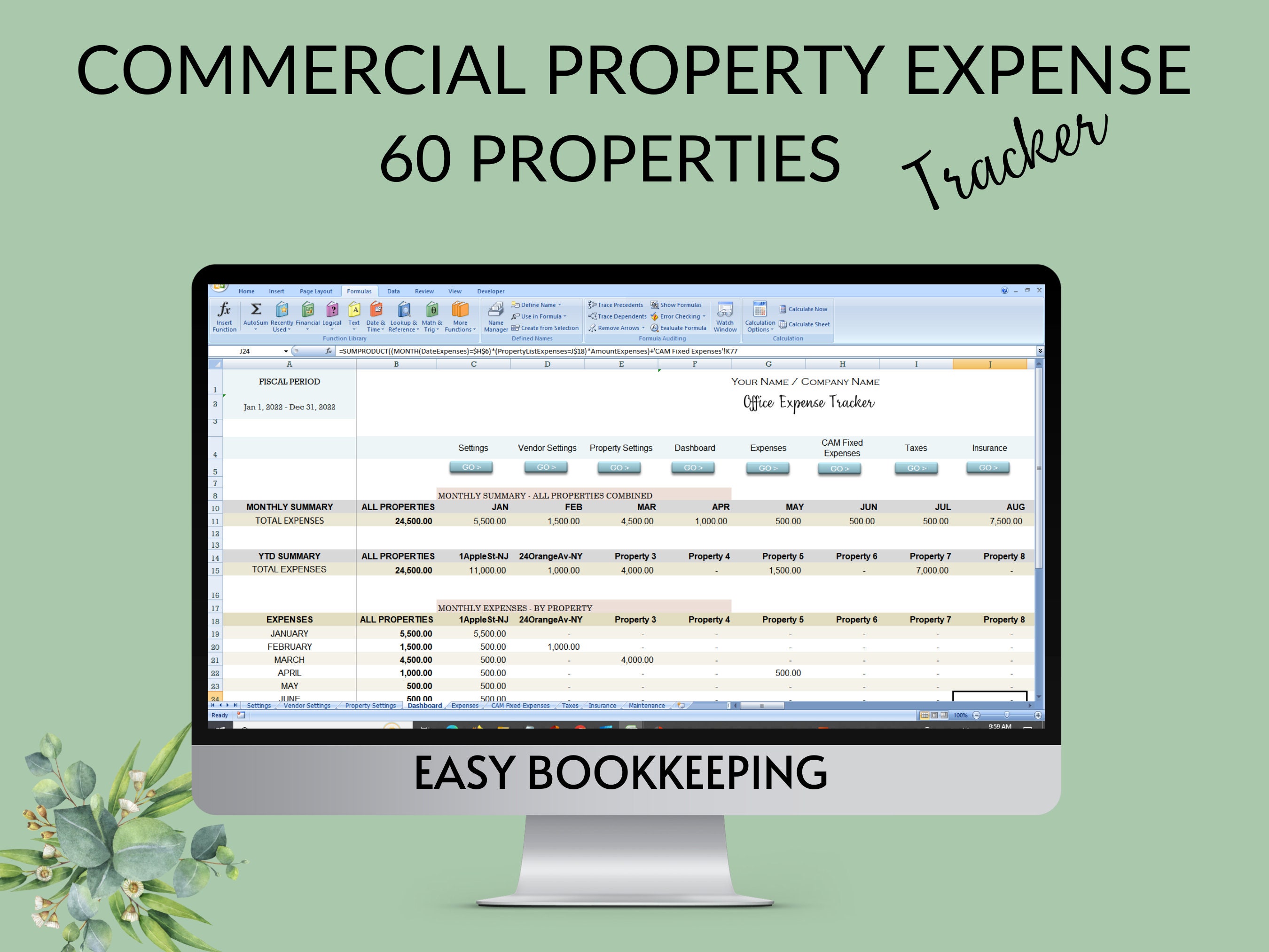 60 Commercial Properties Expense Tracker Multiple Office Rental Property Spreadsheet Ledger | Cost Center Tracking | Track Rent CAM Taxes