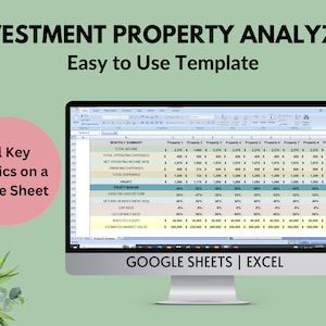 May include: A computer screen displaying a spreadsheet with the title "Investment Property Analyzer" and the text "Easy to Use Template". The spreadsheet shows a monthly summary of key metrics for analyzing investment properties, including total income, expenses, profit, profit margin, cash on cash return, return on investment, cap rate, occupancy rate, invested equity, and estimated market value. The spreadsheet is divided into columns for different properties. The spreadsheet is labeled "Google Sheets | Excel".