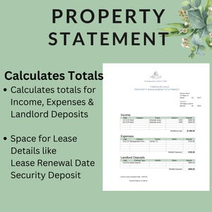 May include: A property management statement template for February 2024. The template includes sections for income, expenses, and landlord deposits. It also includes space for lease details, such as the lease renewal date and security deposit.