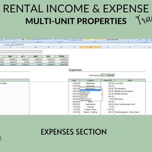 K&ouml;nnte beinhalten: Eine Tabellenkalkulation mit einer gr&uuml;nen Kopfzeile, die "MIETEINNAHMEN & AUSGABEN MULTI-UNIT PROPERTIES Tracker" lautet. Die Tabellenkalkulation ist in Spalten mit &Uuml;berschriften f&uuml;r die Monate des Jahres, die Summe und die Ausgaben unterteilt. Der Ausgabenbereich listet Kategorien wie Werbung, HOA-Geb&uuml;hren, Wartung, Landschaftsgestaltung, Reinigung, Grundsteuern und Reparaturen auf. Die Tabellenkalkulation enth&auml;lt einen Gesamtbetrag der Ausgaben von 4.045,00 &euro;.