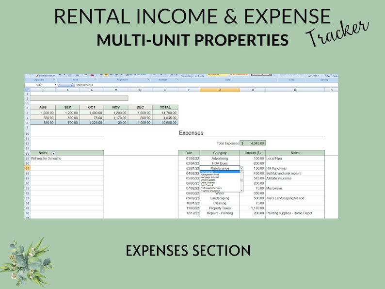 K&ouml;nnte beinhalten: Eine Tabellenkalkulation mit einer gr&uuml;nen Kopfzeile, die "MIETEINNAHMEN & AUSGABEN MULTI-UNIT PROPERTIES Tracker" lautet. Die Tabellenkalkulation ist in Spalten mit &Uuml;berschriften f&uuml;r die Monate des Jahres, die Summe und die Ausgaben unterteilt. Der Ausgabenbereich listet Kategorien wie Werbung, HOA-Geb&uuml;hren, Wartung, Landschaftsgestaltung, Reinigung, Grundsteuern und Reparaturen auf. Die Tabellenkalkulation enth&auml;lt einen Gesamtbetrag der Ausgaben von 4.045,00 &euro;.