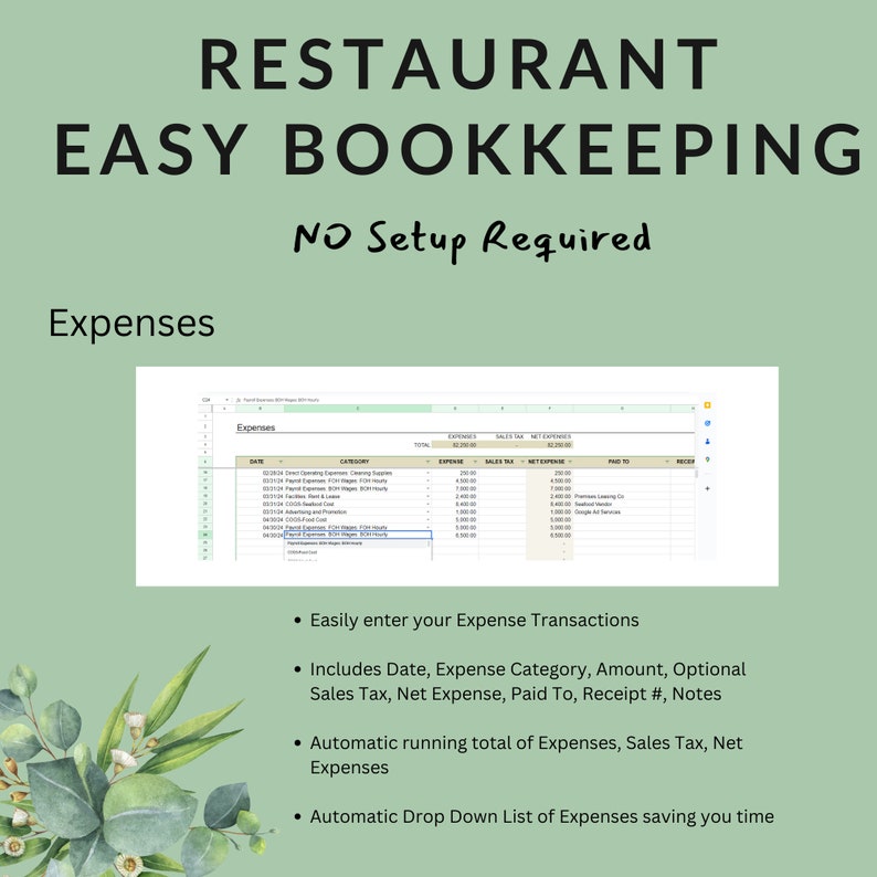 Easy Bookkeeping for Restaurant Bistro Bar Cafe Income Expenses and Inventory Tracker Profit & Loss Balance Sheet Excel Google Sheets image 4