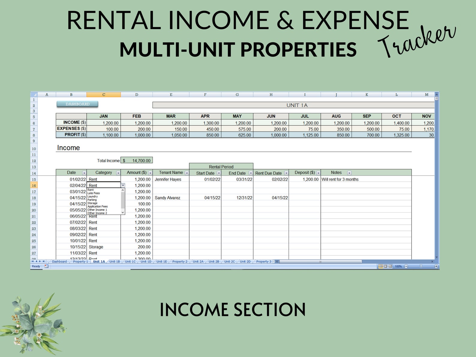 Multiunit Properties Rental & Expense Tracker Landlords Rental Property Spreadsheet