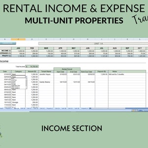 K&ouml;nnte beinhalten: Eine Tabellenkalkulation mit gr&uuml;nem Hintergrund und dem Titel "RENTAL INCOME & EXPENSE MULTI-UNIT PROPERTIES Tracker". Die Tabellenkalkulation ist in Spalten f&uuml;r jeden Monat des Jahres unterteilt, mit Zeilen f&uuml;r Einnahmen, Ausgaben und Gewinn. Die Tabellenkalkulation enth&auml;lt auch einen Abschnitt f&uuml;r Einnahmedetails mit Spalten f&uuml;r Datum, Kategorie, Betrag, Mietername, Startdatum, Enddatum, F&auml;lligkeitstermin der Miete, Anzahlung und Notizen.