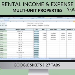May include: A computer screen displaying a Google Sheets spreadsheet for tracking rental income and expenses. The spreadsheet is titled "Rental Income & Expense Tracker" and includes columns for property code, property address, rent, tenant name, start date, renewal date, and deposit. The spreadsheet is designed for multi-unit properties.