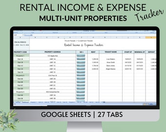 Puede incluir: Una pantalla de ordenador que muestra una hoja de cálculo de Google Sheets para hacer un seguimiento de los ingresos y gastos de alquiler. La hoja de cálculo se titula "Rental Income & Expense Tracker" e incluye columnas para el código de la propiedad, la dirección de la propiedad, el alquiler, el nombre del inquilino, la fecha de inicio, la fecha de renovación y el depósito. La hoja de cálculo está diseñada para propiedades multifamiliares.