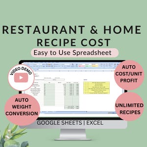May include: A computer monitor displays a spreadsheet titled "Restaurant & Home Recipe Cost." The screen shows a spreadsheet with data entry fields and a recipe section. Pink circles highlight features like "Video Demo" and "Auto Cost/Unit Profit."