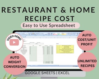 May include: A computer monitor displays a spreadsheet titled "Restaurant & Home Recipe Cost." The screen shows a spreadsheet with data entry fields and a recipe section. Pink circles highlight features like "Video Demo" and "Auto Cost/Unit Profit."