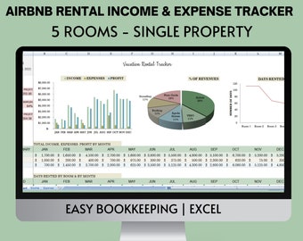 Airbnb Rental Income Expense Tracker: 5 Rooms Single Property Landlord Excel Spreadsheet (Digital Download)