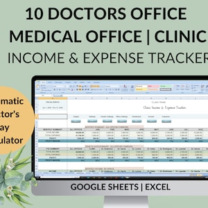 Può includere: Uno schermo di computer che mostra un foglio di calcolo per tenere traccia delle entrate e delle spese di uno studio medico o di una clinica. Il foglio di calcolo è intitolato "Clinic Income & Expense Tracker" e include colonne per le entrate, le spese e il margine di profitto. Il foglio di calcolo è progettato per essere utilizzato con Google Sheets o Excel. Il testo "Automatic Doctor's Pay Calculator" è visibile in un cerchio sul lato sinistro dell'immagine.