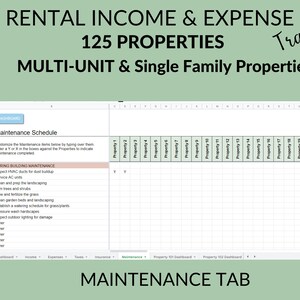 May include: A spreadsheet with a green header that reads "Rental Income & Expense Tracker 125 Properties Multi-Unit & Single Family Properties". The spreadsheet is a maintenance schedule for properties. The spreadsheet has columns for property numbers 1 through 20. The spreadsheet has rows for maintenance tasks such as "Inspect HVAC ducts for dust buildup", "Service AC units", "Clean and prep the landscaping", "Trim trees and shrubs", "Mow and fertilize the grass", "Clean garden beds and landscaping", "Establish a watering schedule for grass/plants", "Pressure wash hardscapes", "Inspect outdoor lighting for damage", "Other", "Other", "Other", "Other".