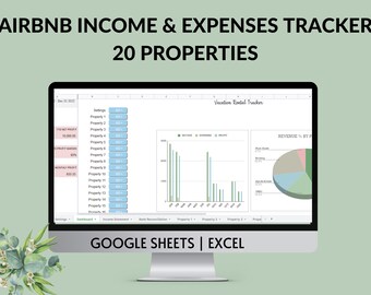 AirBnB VRBO Vacation Rental Income Expense Tracker: 20 Properties (Google Sheets & Excel)