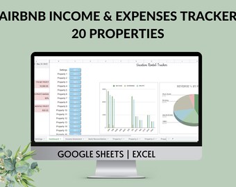 Airbnb VRBO Income Expense Tracker 20 PROPERTIES | Vacation Rental Spreadsheet | P & L Statement, Bank Reconciliation Google Sheets Excel