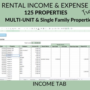May include: A spreadsheet with a green background and the title "Rental Income & Expense Tracker 125 Properties Multi-Unit & Single Family Properties". The spreadsheet is divided into columns with headings such as "Date", "Property", "Category", "Amount ($)", "Tenant Name", "Start Date", "End Date", "Rent Due Date", "Deposit ($)", and "Notes".