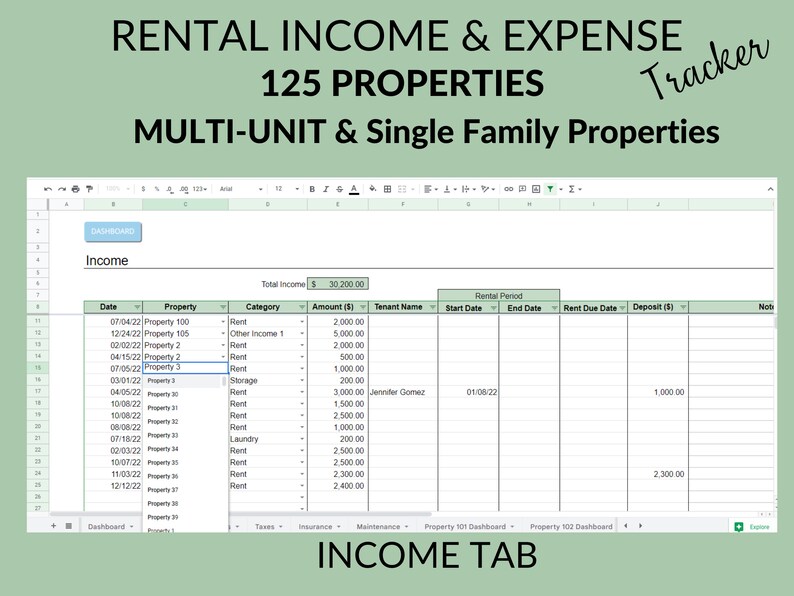 May include: A spreadsheet with a green background and the title "Rental Income & Expense Tracker 125 Properties Multi-Unit & Single Family Properties". The spreadsheet is divided into columns with headings such as "Date", "Property", "Category", "Amount ($)", "Tenant Name", "Start Date", "End Date", "Rent Due Date", "Deposit ($)", and "Notes".