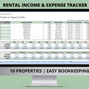 Op de afbeelding: Een computerscherm dat een spreadsheet weergeeft met een groene achtergrond en de titel "Rental Income & Expense Tracker". De spreadsheet is verdeeld in kolommen en rijen, met koppen zoals "Property Code", "Property Address", "Rent Amt", "Tenant Name", "Start Date", "Renewal Dt", "Deposit", "Income", "Expenses", en "Profit". De spreadsheet bevat gegevens voor 10 eigendommen, met informatie over huur, uitgaven en winst voor elk eigendom.
